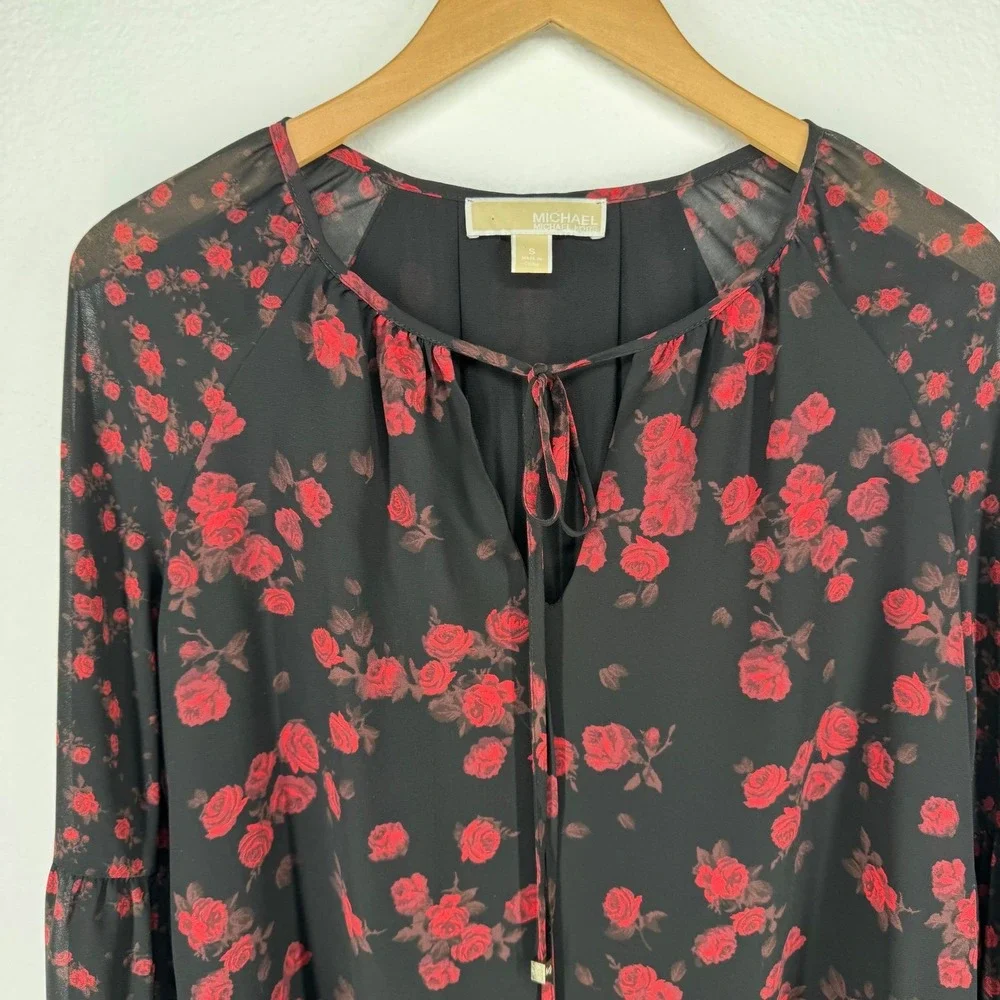 MICHAEL KORS Peplum Top Size Small Bishop Sleeve‎ Dark Floral Romantic Sheer